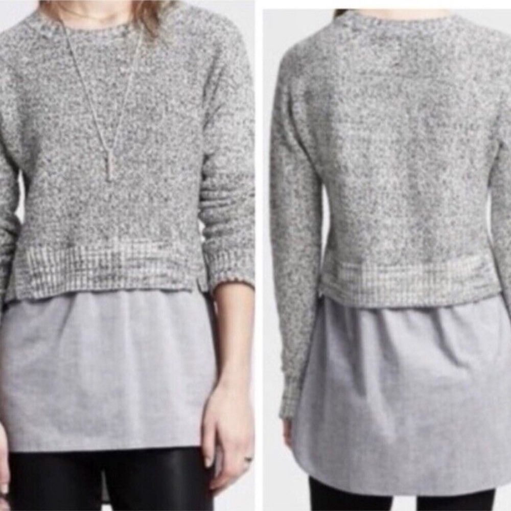 Banana Republic Layered Crew Neck Sweater Top False Shirt Bottom Size L Gray NWT